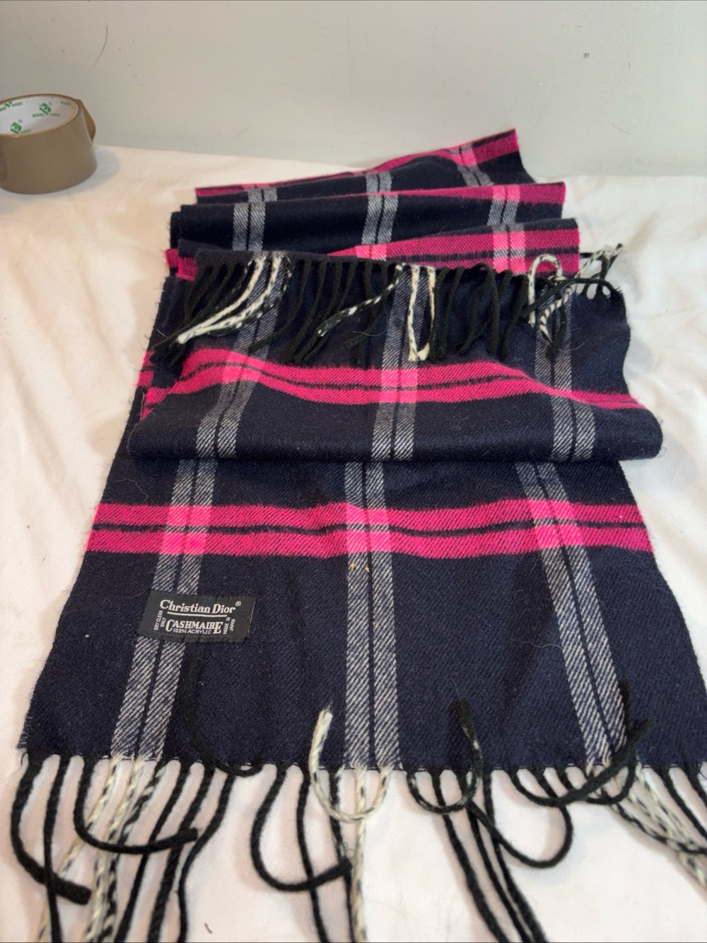 Christian Dior Black & Hot Pink Plaid Cashmere Scarf 1077